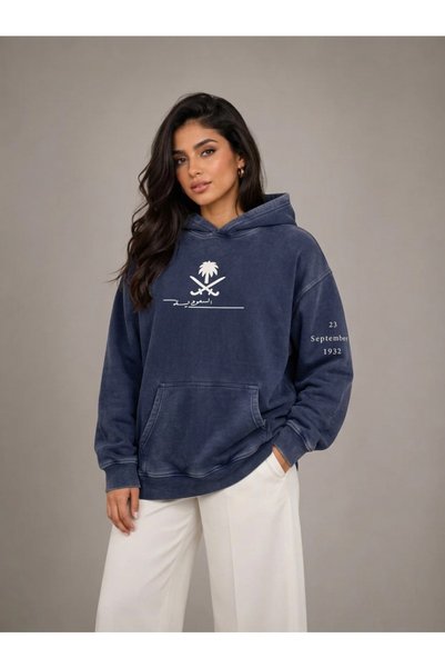 HAI COLLECTİON Oversized Navy Blue Unisex Hooded Sweatshirt