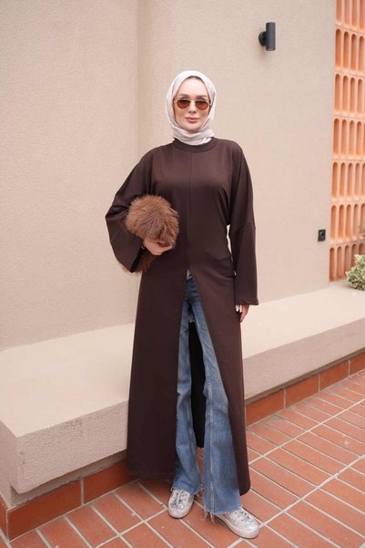 İmajButik Brown Long Tunic with Tie-Detail and Slit