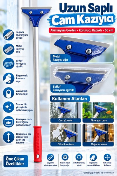 TOYFEST Uzun Saplı Yüzey Kazıyıcı Metal Bıçaklı Alüminyum Gövdeli Koruyucu Kapaklı Temizlik Aparatı 66 cm