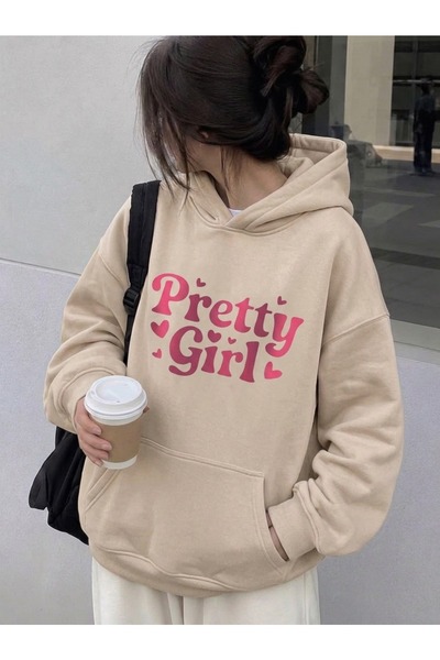 HAI COLLECTİON Beige Oversized Hooded Sweatshirt with "Pretty Girl" Print