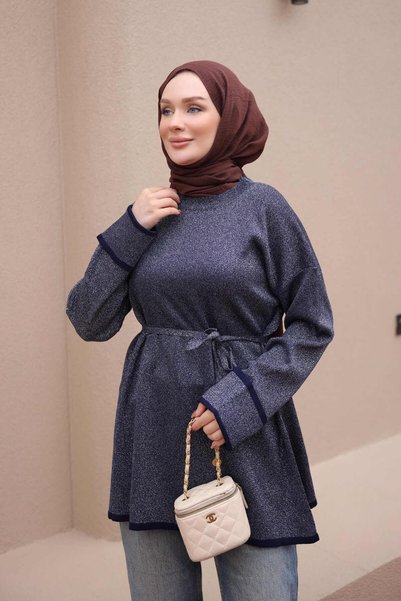 İmajButik Navy Blue Tunic with Folded Sleeves and Glittery Details, Made of M...