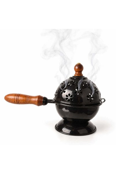craftmystic Arzător pentru tămâie și rășini cu mâner din lemn, din fier negru