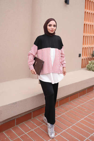 İmajButik Black Paneled Modal Suit with Tunic Trousers