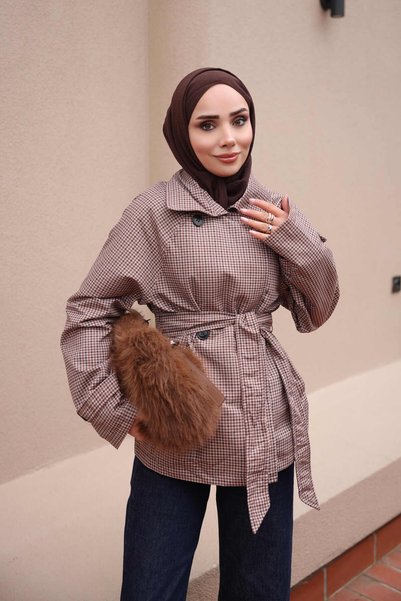 İmajButik Taupe Color Mock Neck Lined Plaid Short Trench Coat