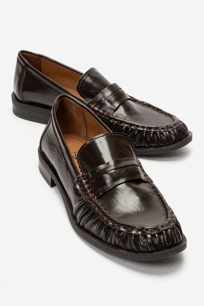 LuviShoes CHEN Brown Wrinkled Patent Leather Women's Loafers