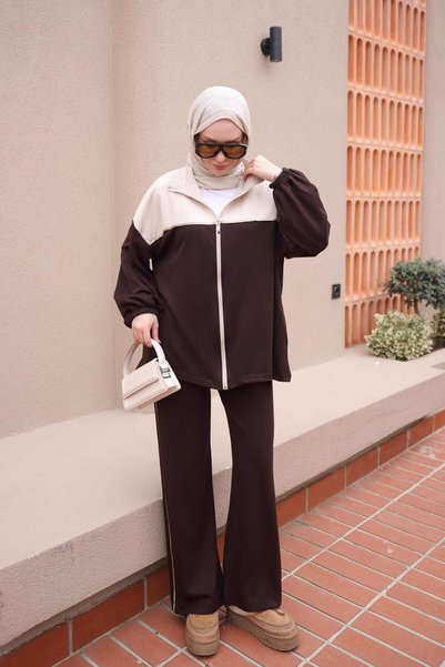 İmajButik Brown Color Blocked Sweatshirt Cardigan and Pants Track Suit
