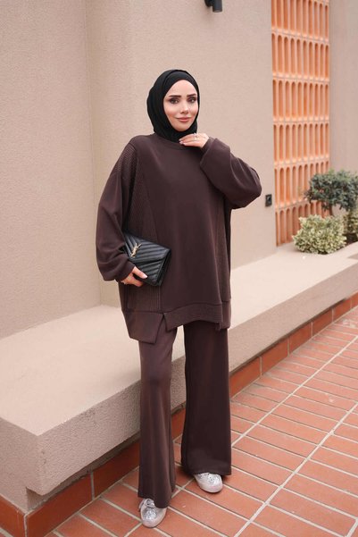 İmajButik Brown Crew Neck Rhinestone Tunic and Pants Set