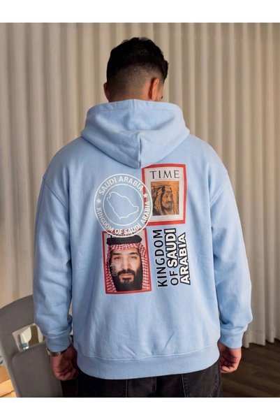 HAI COLLECTİON Blue Oversized Hooded Sweatshirt, Unisex, 100% Cotton