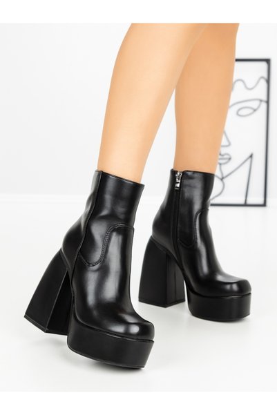 MİASHOES Botine dama cu toc gros si platforma negre din piele ecologica Eqanria