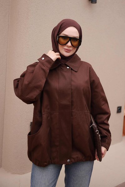 İmajButik Brown Oversized Gabardine Jacket with a Zipper