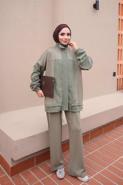 İmajButik Khaki Oxford Paneled Tunic and Pants Set