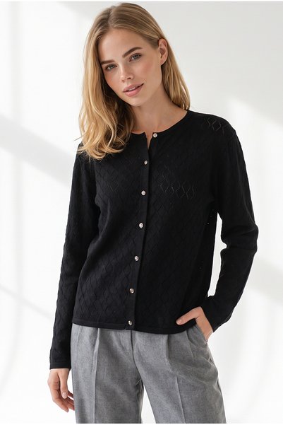 Olalook Women's Black Diamond Patterned Fine Knit Cardigan HRK-19000535