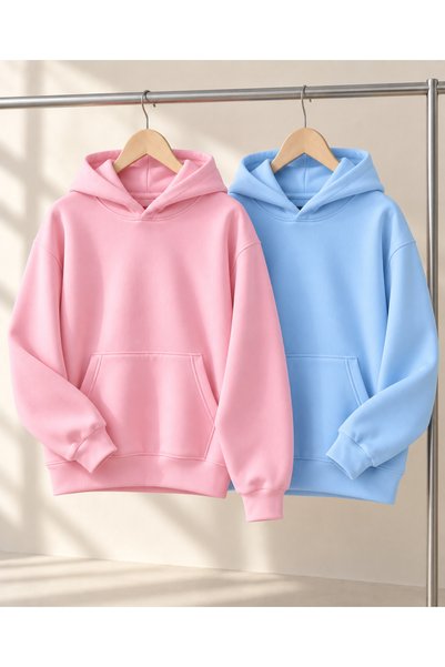 FAVORİST Unisex Set of Two Basic 100% Cotton Hooded Sweatshirts