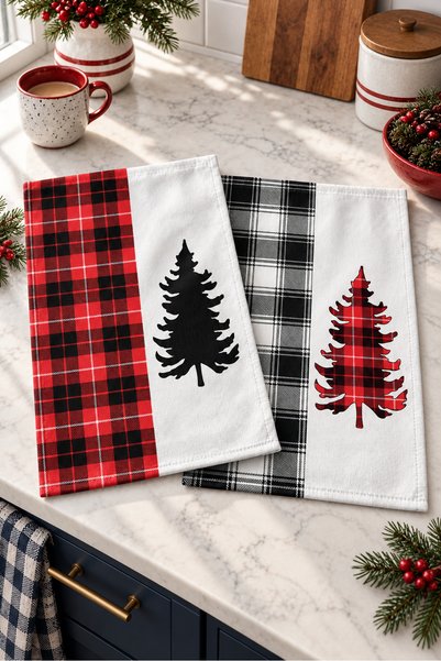 Evmila Plaid Pines Pine Tree Red and Black Plaid Pattern Digitally Printed 2-...