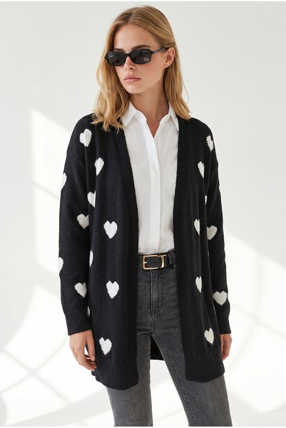 Olalook Women's Soft-Textured Knit Cardigan with Black Heart Design HRK-19000536