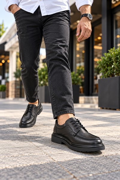 Ayakkabı Vakti Black Genuine Leather Lace-Up U-Toe shoes with a thick sole