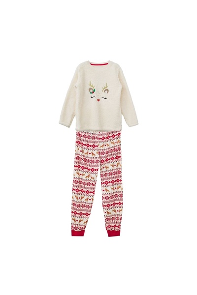 OEM Set pijama de Crăciun pentru femei, bluză pufoasă albă cu ren auriu și pa...