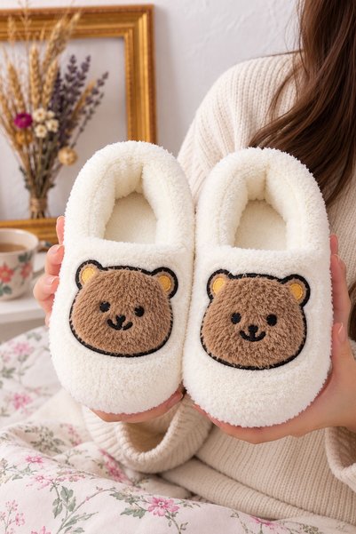 AlbiShoes Bebek Çocuk Unisex Ayıcık Desen Kreş Okul Pofuduk Peluş Ev Ayakkabı...