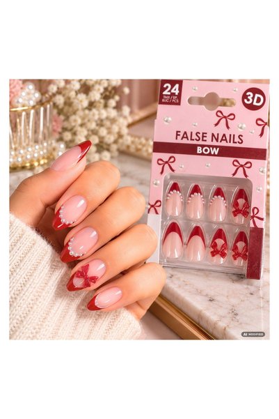 OEM Set 24 unghii false de Crăciun cu adeziv, formă migdală, French roz-roșu ...