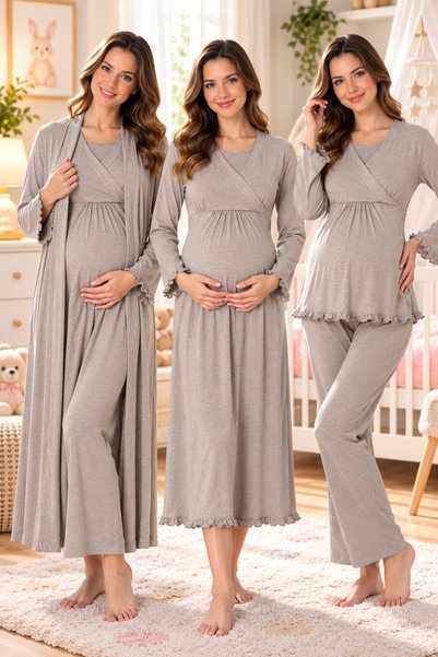 by İGP Maternity and Postpartum Long-Sleeved Robe, Nightgown, and Pajama Set—...