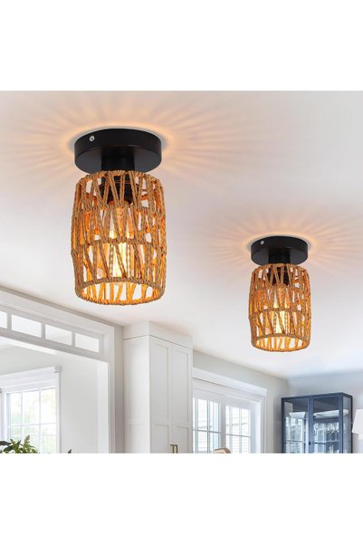 Garwarm Rattan Ceiling Light 2 Pack, Boho Flush Mount E27 Fixture for Rooms