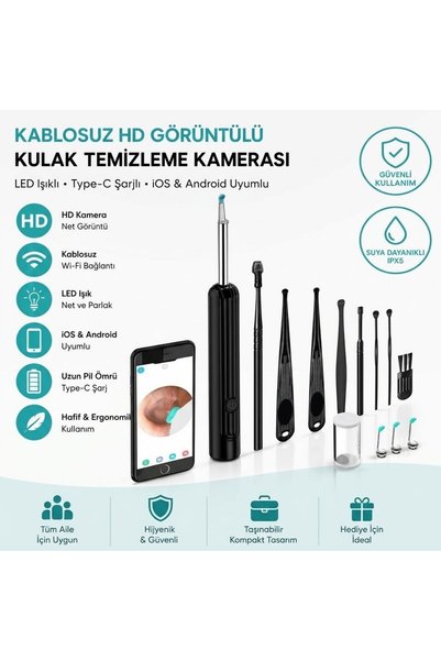 UCUZTEKNO Siyah Kablosuz HD Görüntülü Kulak Temizleme Kamerası, LED Işıklı Type-C Şarjlı iOS ve Android Uyumlu