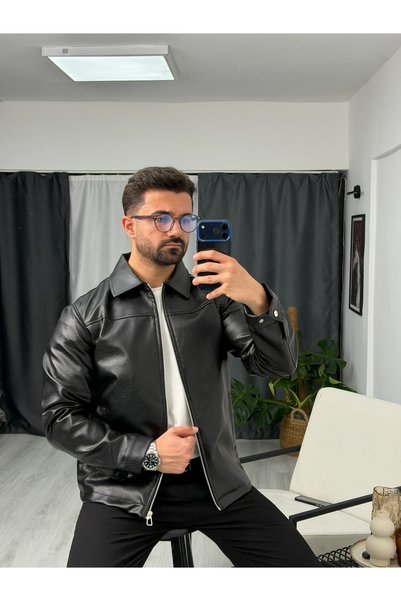 SEZBASE Jachetă clasică din piele cu guler și fermoar – Noul sezon