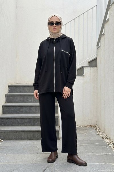 Lale Butik Front Zippered Hooded Set with Pants and Pocket Details, Style 534...