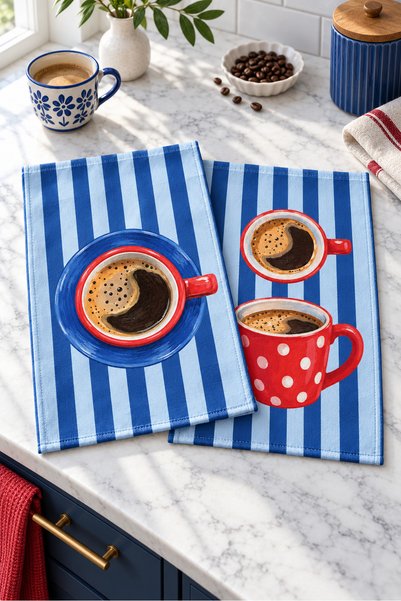 Evmila Blue Espresso Coffee Red Mug with Blue Striped Pattern 2-Piece Kitchen...