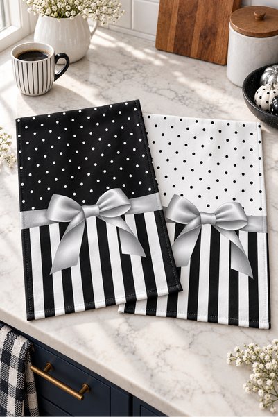 Evmila Silver Bow Kitchen Towel Set of 2 with Black-and-White Polka Dot Digit...