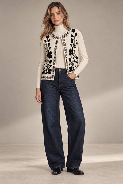 ROH Vestă tricotată fără mâneci, crem, cu model floral BR3020