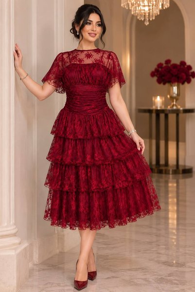 ELORA FASHION فستان ميدي دانتيل أحمر كرزي بطبقات وكاب منفصل – قطعتان.