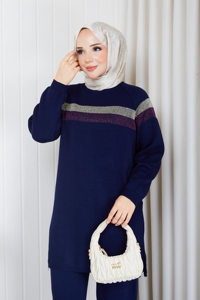 nacar çarşı Marineblaue Damen-Tunika aus kaltgewirktem Garn mit Glitzerstreif...