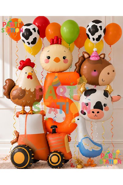 Parti Station Farm-Themed 5th Birthday Balloon Set, 17 Pieces: 3D Giant Tract...