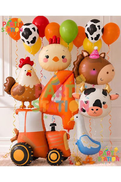 Parti Station Farm-Themed 4th Birthday Balloon Set, 17-Piece, 3D Giant Tracto...