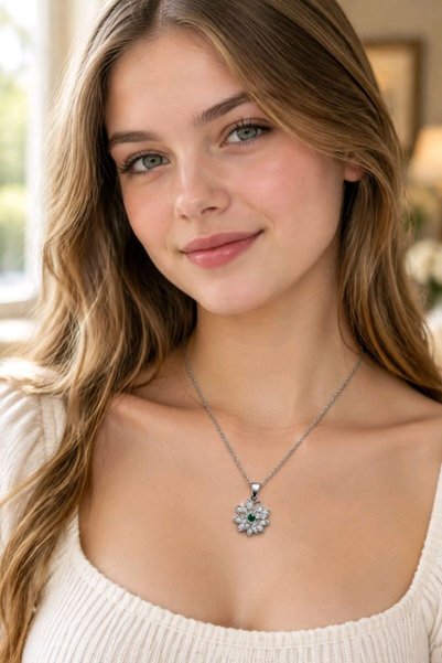 Monalisa Home Silver-Colored Snowflake Steel Necklace with Green Stones