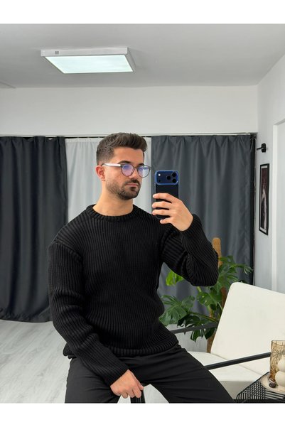 SEZBASE Pulover bărbătesc din tricot cu decolteu rotund la baza gâtului și bo...
