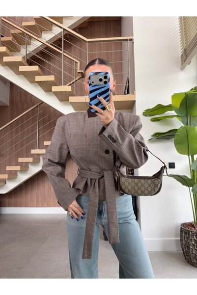 BB Bensu Buyruk Plaid Patterned Double-Breasted Jacket With Belt