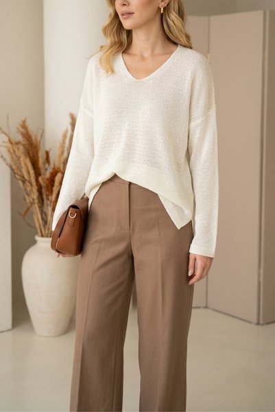 zerfu Glittery V-Neck Long-Sleeve Loose-Fit Basic Knit Sweater