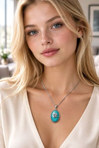 Monalisa Home Silver-Colored Steel Necklace with Blue Stones and a Clover Design
