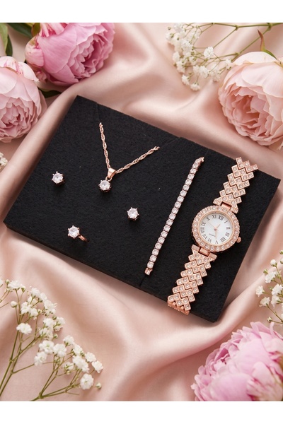 OEM Set bijuterii dama cadou Craciun - 5 piese - rose gold, ceas cu cristale,...