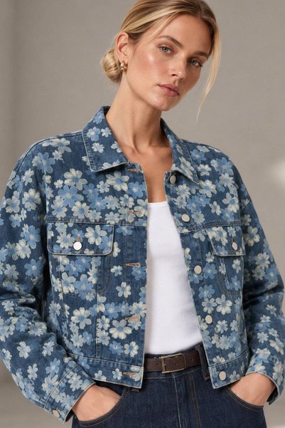 ROH Jachetă scurtă din denim închis cu imprimeu margarete JR696