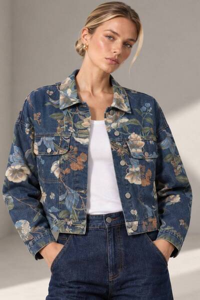 ROH Jachetă scurtă din denim cu imprimeu floral și de frunze JR695