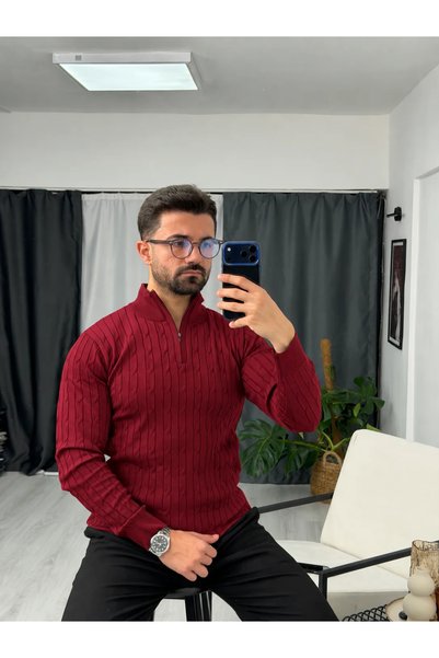 SEZBASE Mock Neck, Half-Zip Sweater with Knitted Details