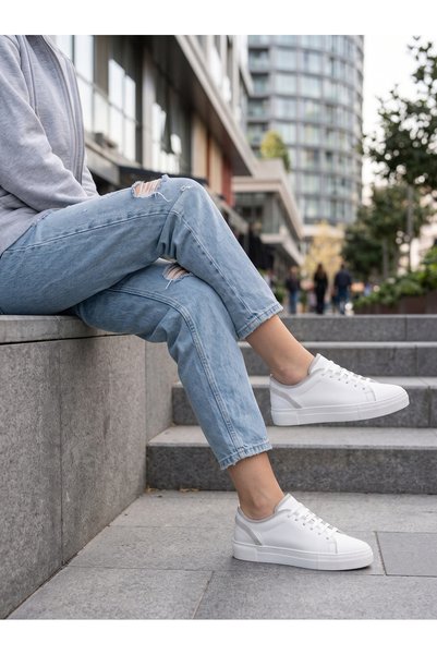 ALPLER Kadın Hakiki Deri Düz Taban Sneaker Bilek Taş Detaylı Günlük Spor Ayak...