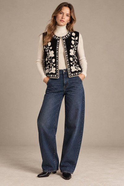 ROH Vestă tricotată fără mâneci, cu model floral negru BR3018