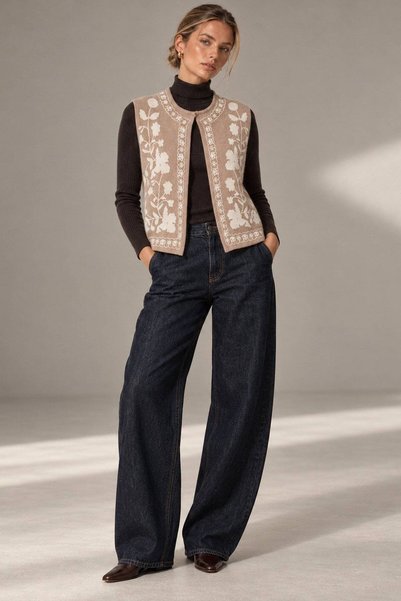 ROH Vestă tricotată fără mâneci, cu model floral, bej BR3019