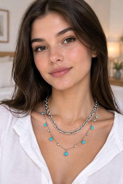 Monalisa Home Double-Strand Silver-Colored Necklace with Blue Stones