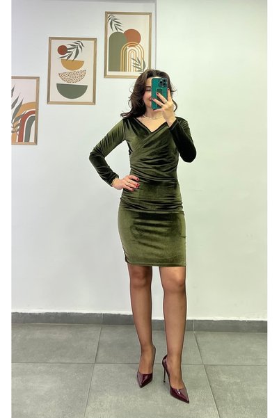 bydenizcollection Double-Breasted Dress with Draped Sides Made of Velvet Fabric