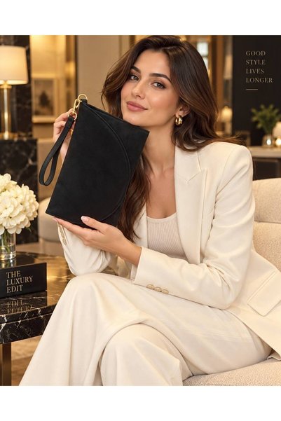 Fiori Suede Women's Envelope-Style Clutch Bag with Wrist Strap—Stylish Clutch...